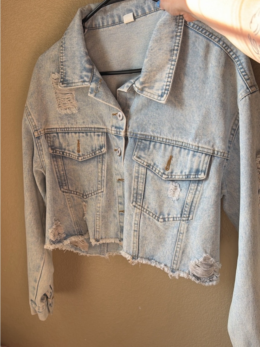 SHEIN Light Blue Distressed Cropped Denim Jacket